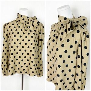 Side Bow Polkadot Blouse Tan Black Secretary Office Size Large Vintage Look
